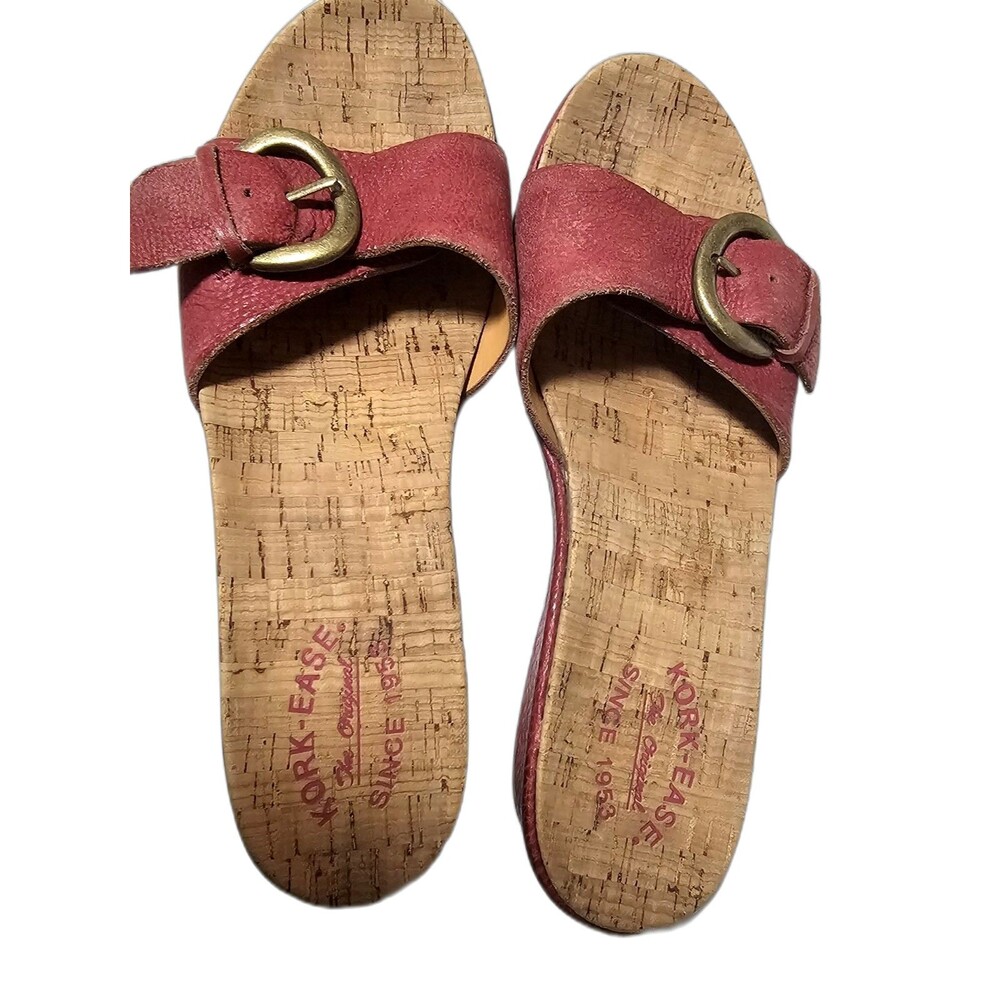 Kork-Ease Women's Red Leather Cork Wedge Slide Sandals Buckle Size 10